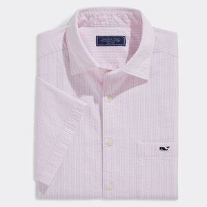 Men’s Large Vineyard Vines Stretch Seersucker Short-Sleeve Shirt Pink Stripe